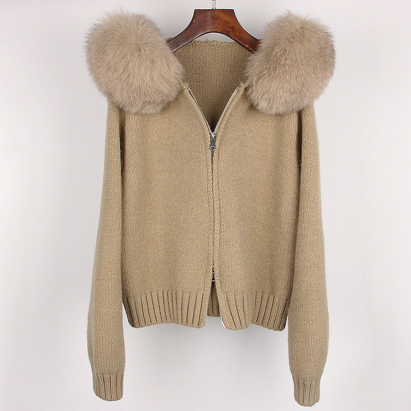 Women’s Hooded Spring Coat – Zipper Cardigan with Real Fox Fur Collar