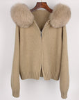 Women’s Hooded Spring Coat – Zipper Cardigan with Real Fox Fur Collar