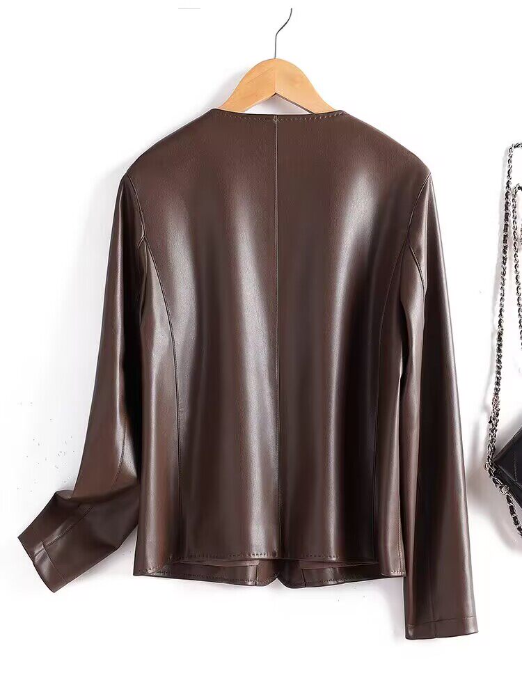 Women’s 100% Genuine Sheepskin Leather Jacket – Slim Fit Short Korean Style Round Neck Coat