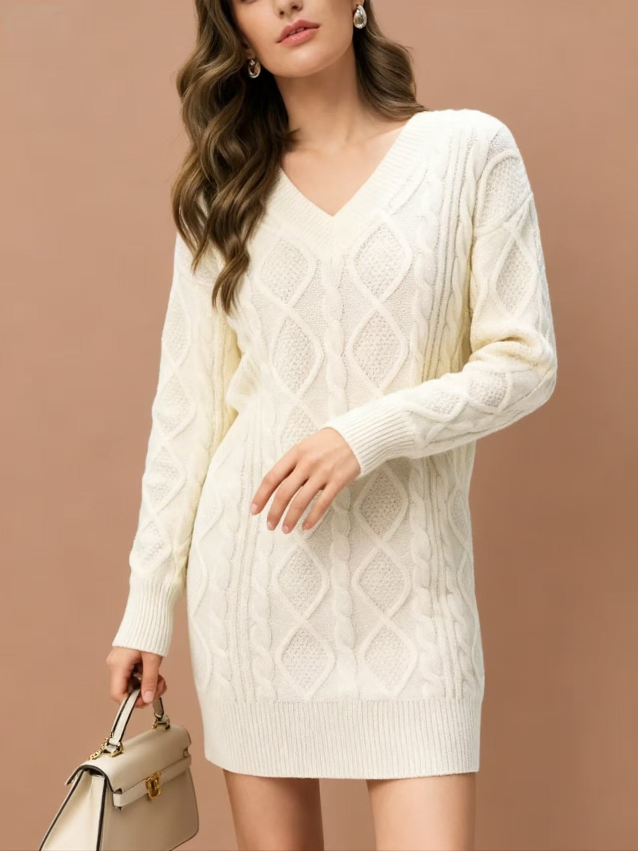 WOMEN Mid-length Sweater V-neck Knitted Twist Dress