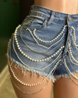 Women’s INS Pearl-Chain Denim Camisole & Shorts Set – Trendy Street Fashion Beaded Two-Piece Outfit