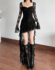 Women’s Fall Square Collar Lace Stitching Dress – High Waist Long Sleeve A-Line
