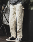 Men’s Retro Distressed Creamy-White Jeans – Loose Straight Mid-Waist Denim