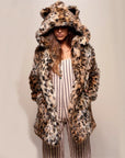 Faux Fox Fur Ladies Fur Coat Mid-length Hooded Ear Fur Coat Large Size