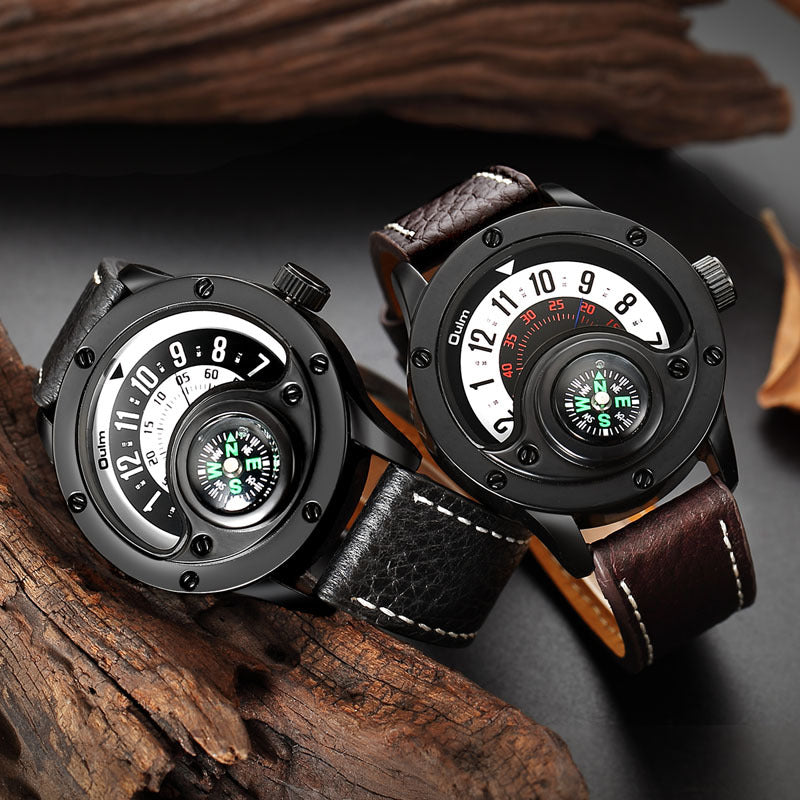 New Sport Watches Men Decorative Compass Unique Design Male Quartz Clock Men&#39;s Leather Strap Casual Wrist Watch
