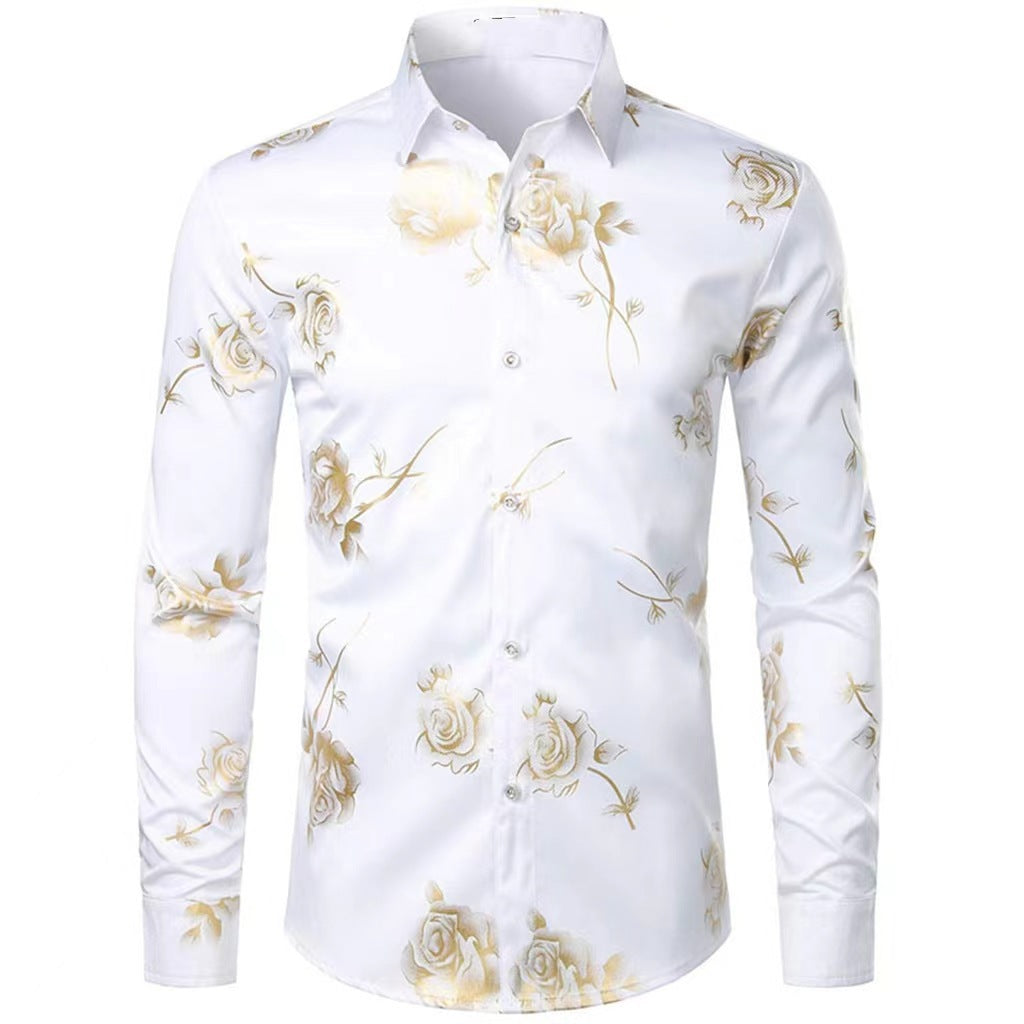 Men Floral Print Long Sleeve Shirt – 3D Digital Printed Stretch Slim Fit Urban Lapel Dress Shirt