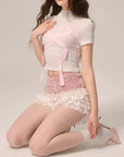 Peach Blossom Bud White French Lace Shorts
