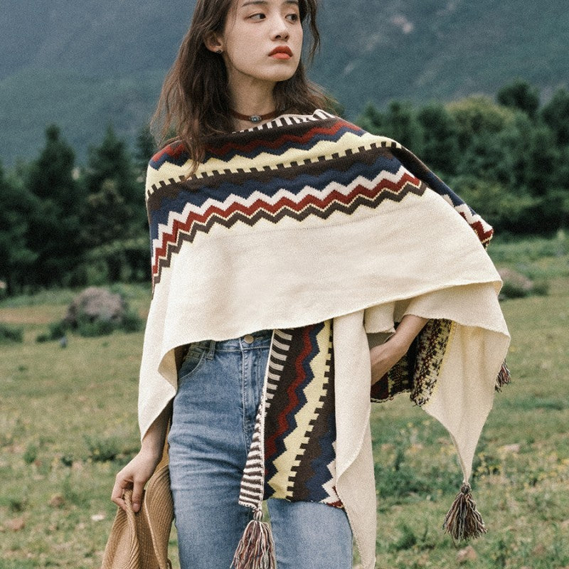 Bohemian Style Tassel Cape Knitted Warm Scarf women