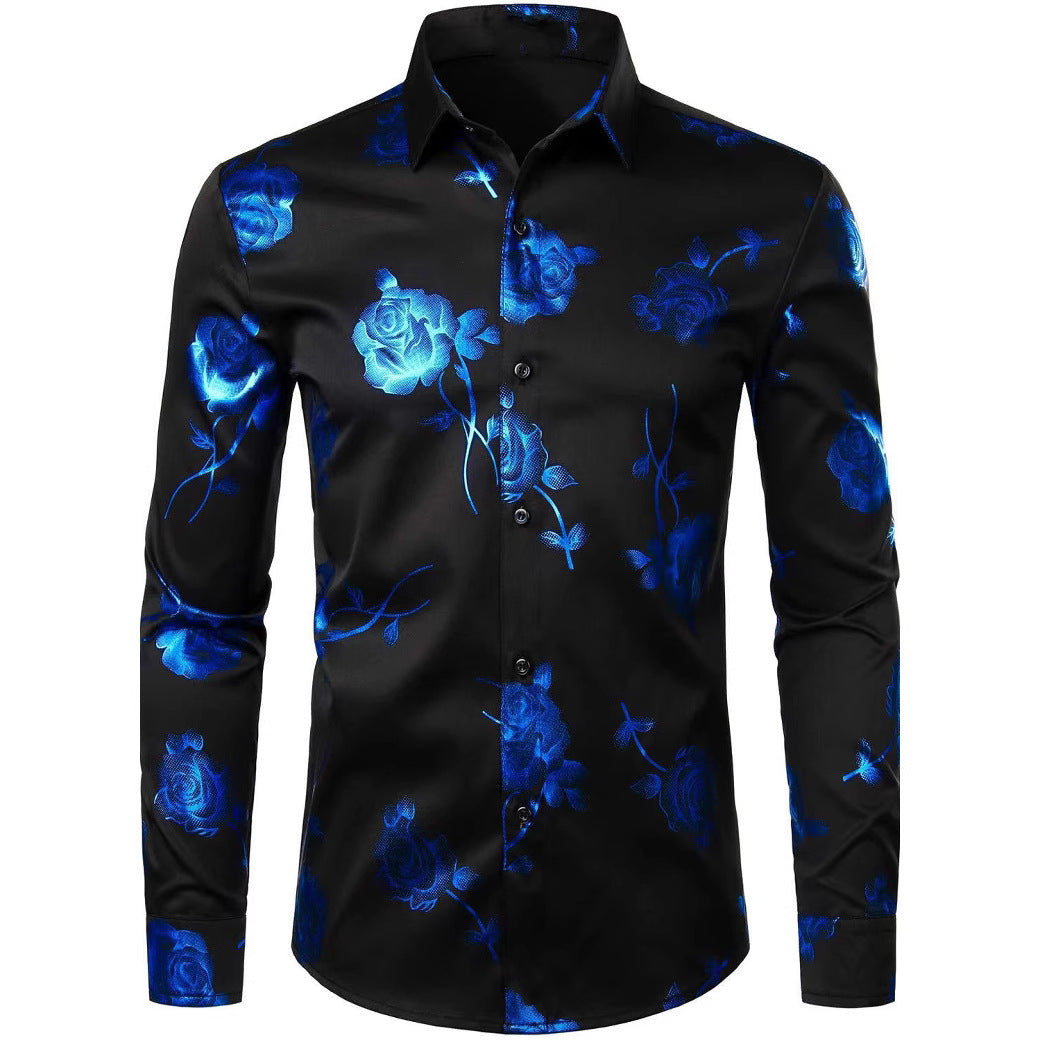 Men Floral Print Long Sleeve Shirt – 3D Digital Printed Stretch Slim Fit Urban Lapel Dress Shirt