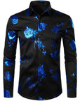 Men Floral Print Long Sleeve Shirt – 3D Digital Printed Stretch Slim Fit Urban Lapel Dress Shirt