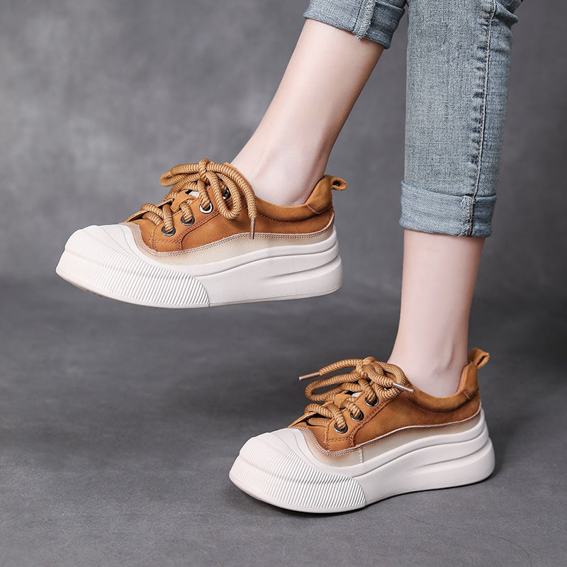 Women’s Full-Grain Leather Lace-Up Shoes – Classic Round-Toe (Yellow/Cameo Brown, Sizes 35-40)