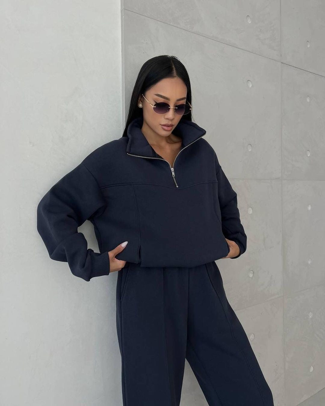 Leisure Fashion Stitching Padded Long Sleeve Sweater Trousers Suit