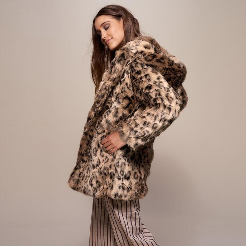 Faux Fox Fur Ladies Fur Coat Mid-length Hooded Ear Fur Coat Large Size