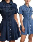 Women Denim Shirt Dress – Button Front Mid-Length Cotton Casual Waist-Defined Dress