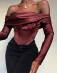 Women’s One-Shoulder Satin Tunic – Long Sleeve Herringbone Stitch Blouse