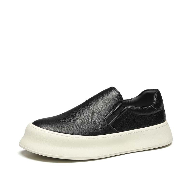 Men’s Genuine Leather Slip-On Loafers – Cowhide Casual Shoes with Thick Sole, Round Toe Comfort &amp; Anti-Slip Rubber Outsole