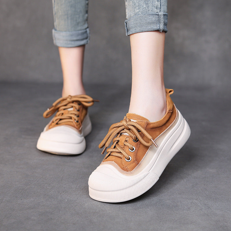 Women’s Full-Grain Leather Lace-Up Shoes – Classic Round-Toe (Yellow/Cameo Brown, Sizes 35-40)