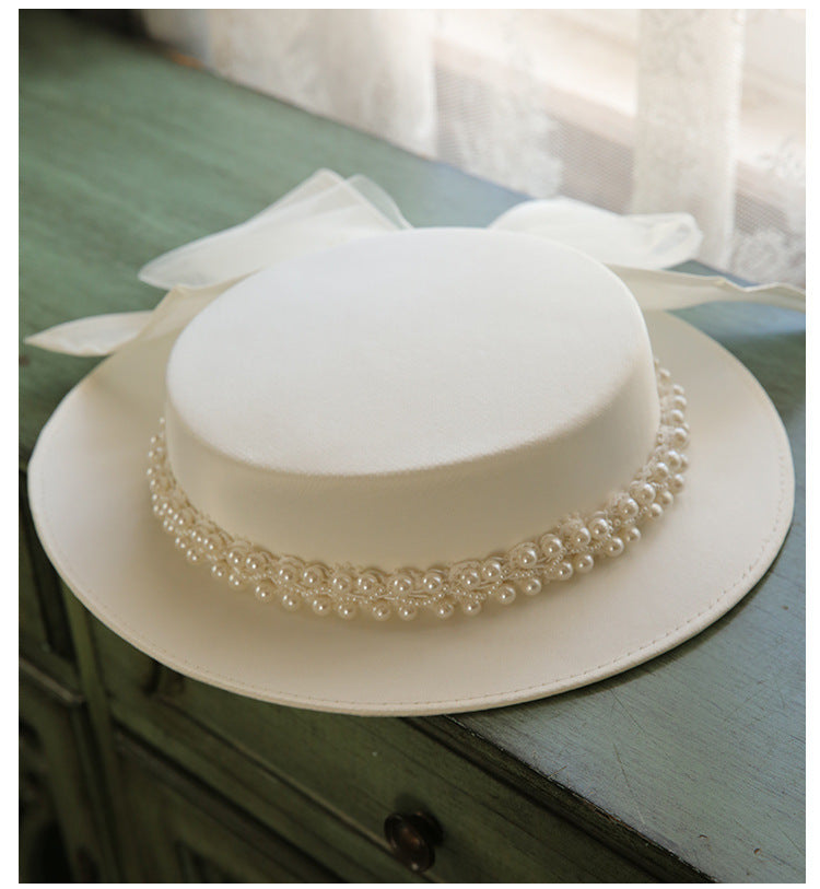 👒 French Elegant Pearl Flat-Top Hat – Timeless Chic for Women