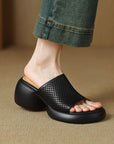 Women Genuine Leather Platform Sandals – Height-Increasing Thick Heel Slip-On Summer Sandals