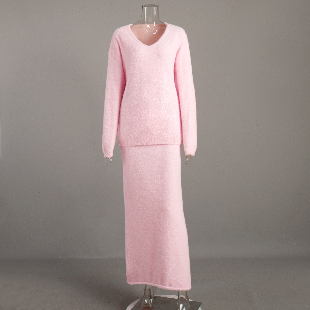 Women’s Knitted V-Neck Sweater &amp; Long Skirt Set – Simple Elegant Two-Piece Outfit