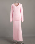 Women’s Knitted V-Neck Sweater & Long Skirt Set – Simple Elegant Two-Piece Outfit