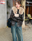 Real Shot Brown Rabbit Fur Liner Leather Jacket