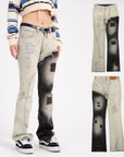 Women’s Fashion Mandarin-Duck Patched Jeans – Cream & Black Micro-Pull Trousers