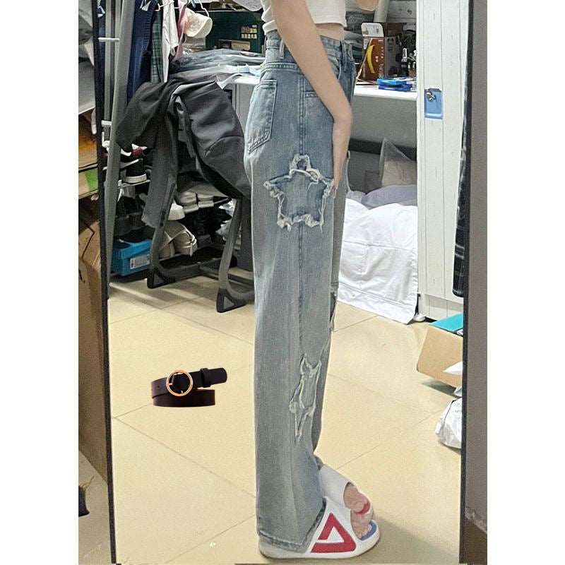 Blue Embroidered Jeans Women Loose Straight-leg Wide-leg Pants