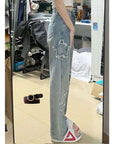 Blue Embroidered Jeans Women Loose Straight-leg Wide-leg Pants