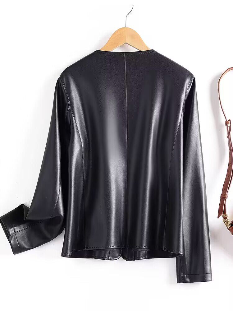 Women’s 100% Genuine Sheepskin Leather Jacket – Slim Fit Short Korean Style Round Neck Coat