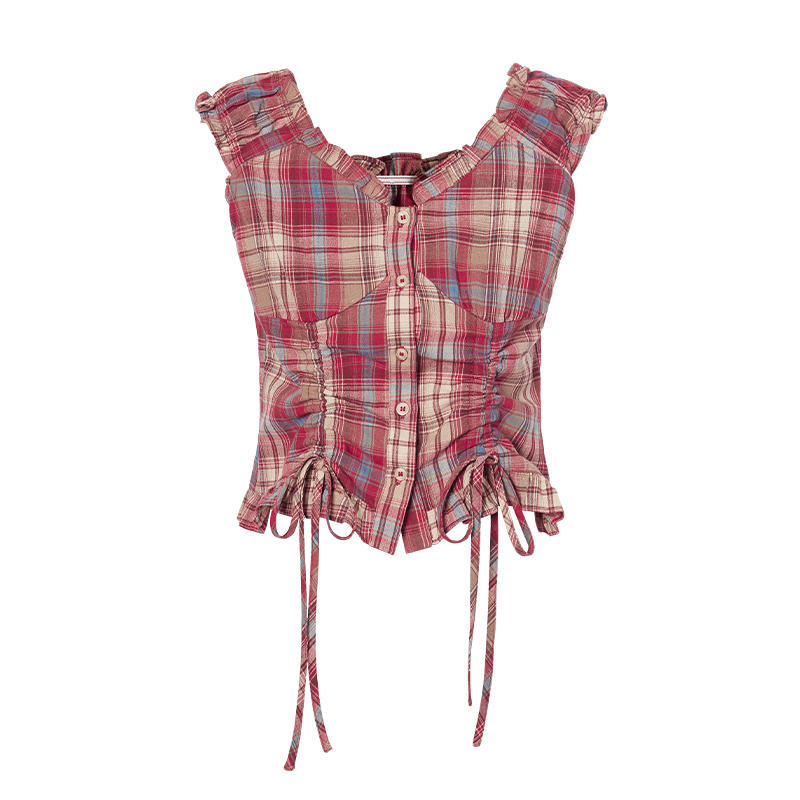 Women&#39;s Off-Shoulder Plaid Shirt - Two-Way Drawstring Waist Tie Top (100% Cotton, Blue/White/Red Retro, S-XL)