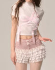 Peach Blossom Bud White French Lace Shorts