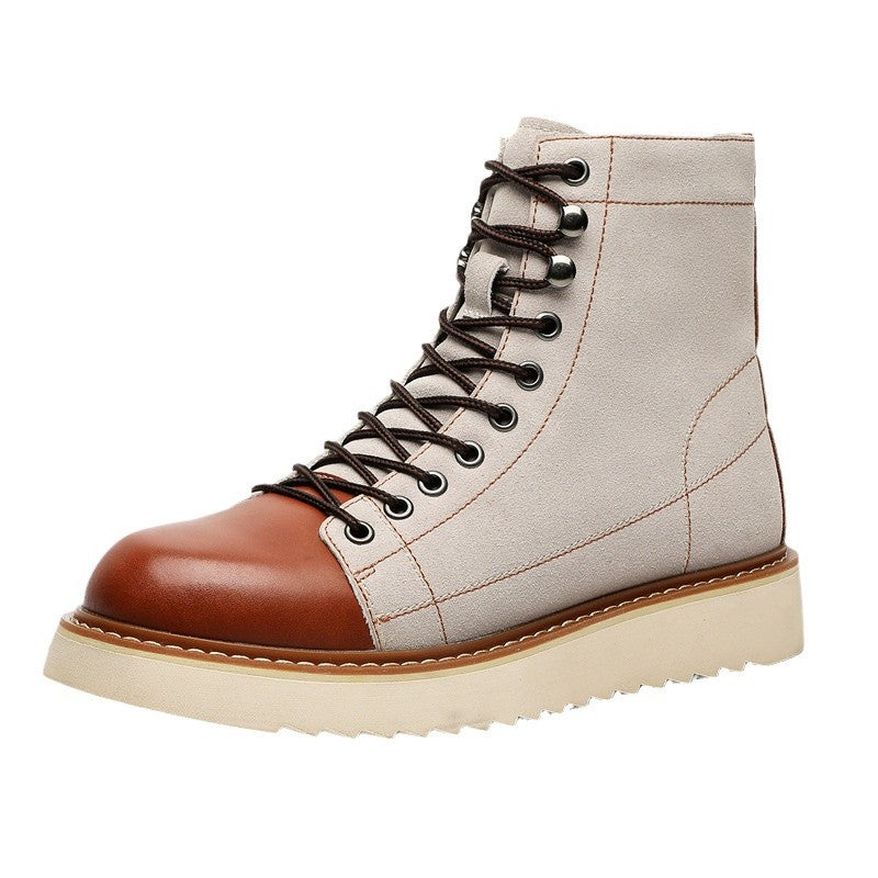 Men Genuine Leather High-Top Boots – Frosted Cowhide Lace-Up Workwear Style Anti-Slip Rubber Sole