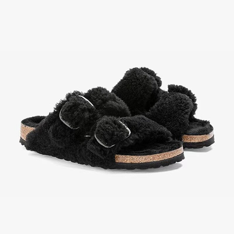 Women’s Lazybones Outdoor Fur Slippers – Warm Cotton Cork Sole Casual Non-Slip Slides