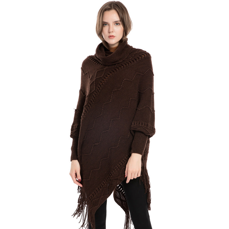 Acrylic Fringed Sweater High Collar Warm Sleeve Pullover Cloak