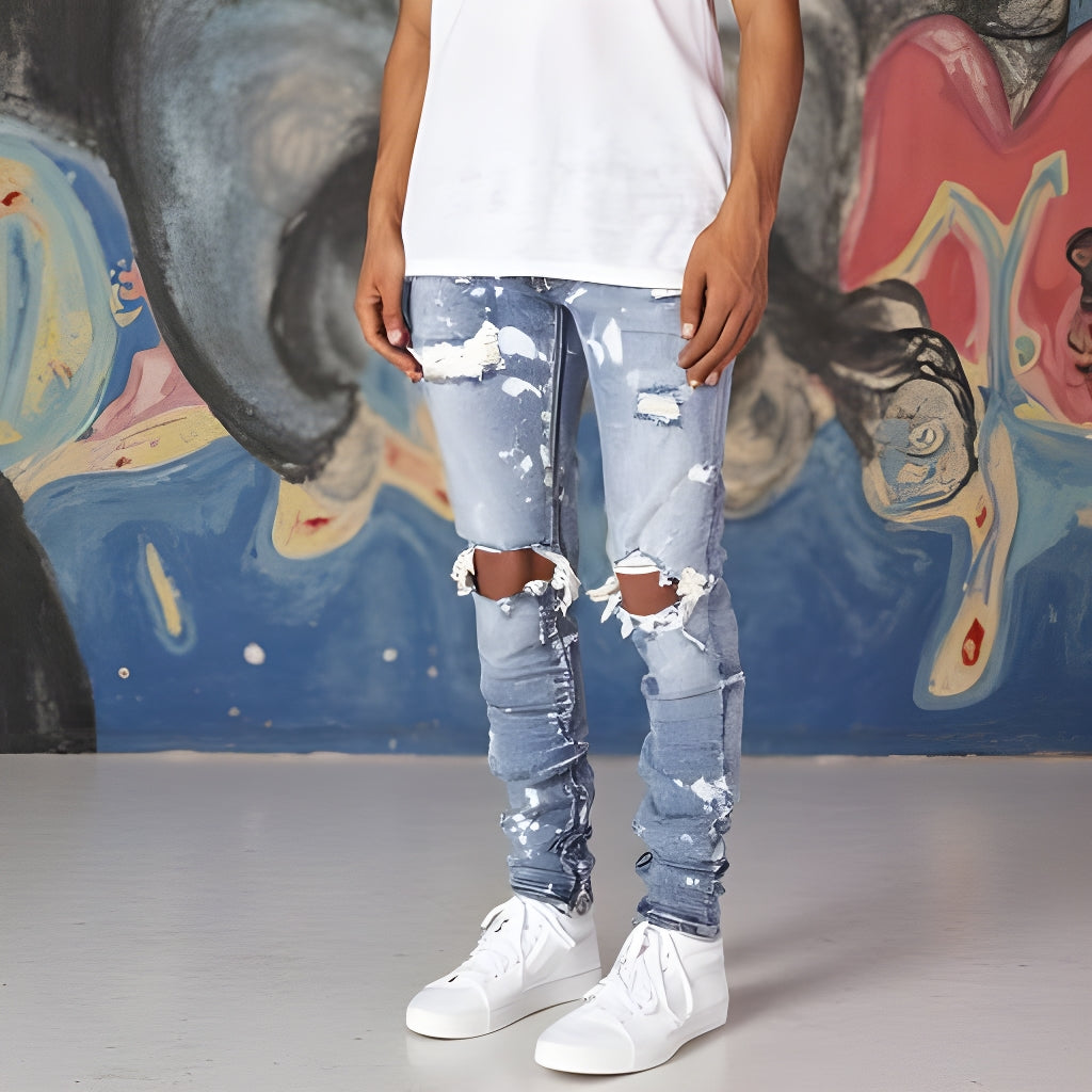 Men&#39;s Ripped Skinny Jeans - Distressed Cotton Denim Pants (Snow White/Light Blue/Black) - Mid Waist Slim Fit for Youth (Sizes 29-38)