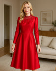 Women’s Handmade Rhinestone Stand-Up Collar Dress – Elegant Long-Sleeve Cinched Fit Design