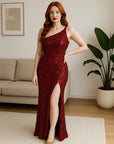 Women’s Handmade Beaded One-Shoulder Fishtail Dress – Sequined Split Long Banquet Gown