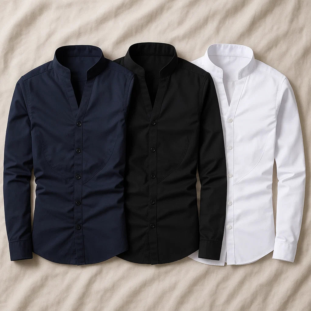 Men’s Solid Color Stand-Up Collar Shirt – British Style Slim-Fit Long Sleeve Top