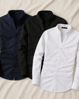 Men’s Solid Color Stand-Up Collar Shirt – British Style Slim-Fit Long Sleeve Top