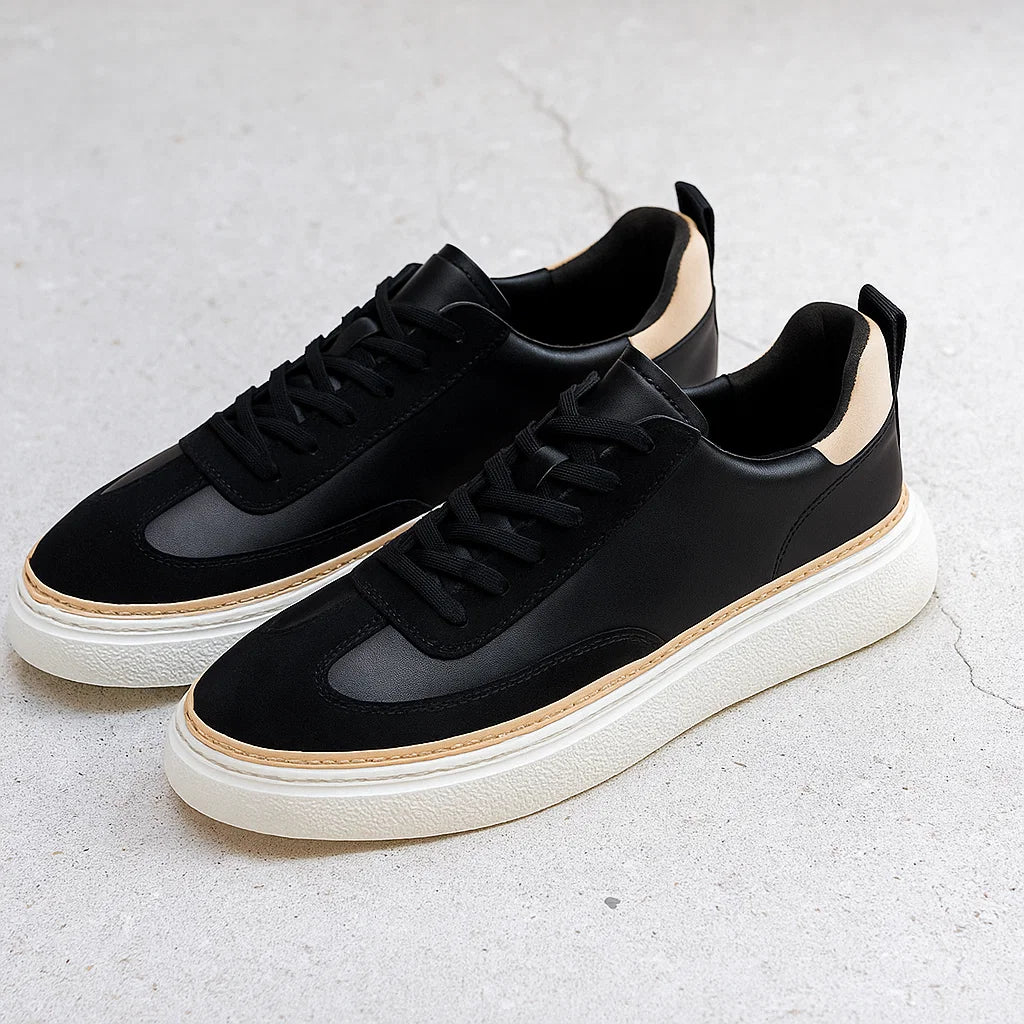 Men&#39;s Thick-Soled Cowhide Sneakers - Stitched Low-Top Board Shoes