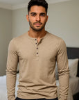 Men’s Winter Long-Sleeve Henley T-Shirt – Bamboo Cotton Blend Solid Color Casual Top