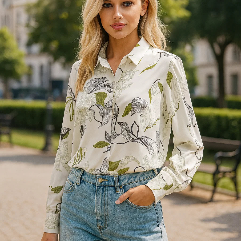 Women’s Spring French Retro Printed Silk-Satin Shirt – Elegant Long-Sleeve Cardigan Top