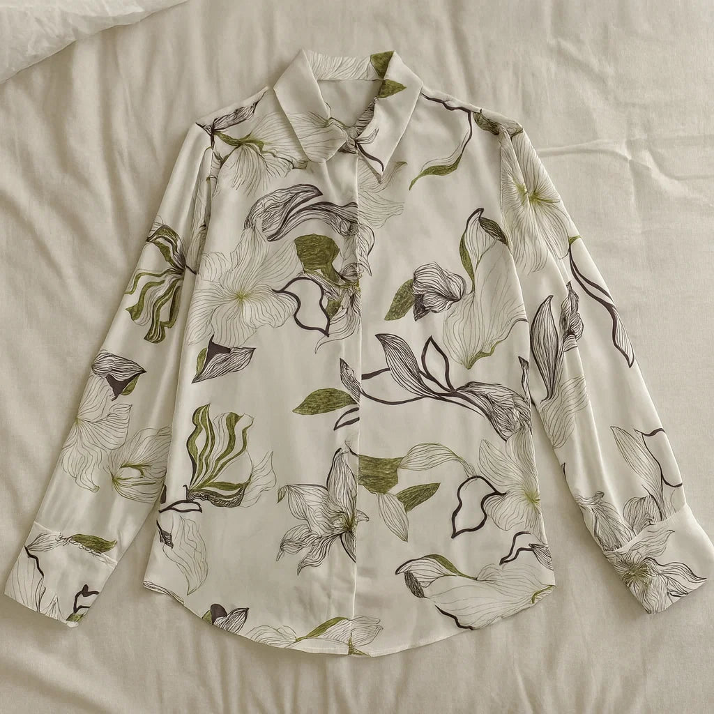 Women’s Spring French Retro Printed Silk-Satin Shirt – Elegant Long-Sleeve Cardigan Top
