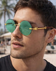 Dunkelgrüne rahmenlose Sonnenbrille mit Rand – Premium-Kristallgläser (Rahmen in Gold/Grau/Mahagoni)