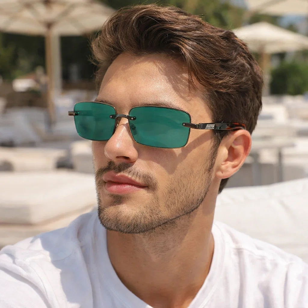 Dunkelgrüne rahmenlose Sonnenbrille mit Rand – Premium-Kristallgläser (Rahmen in Gold/Grau/Mahagoni)