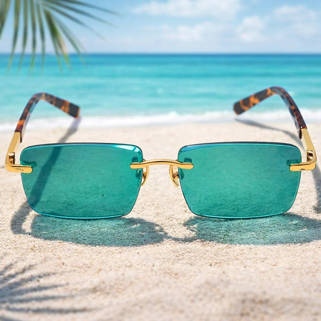 Dunkelgrüne rahmenlose Sonnenbrille mit Rand – Premium-Kristallgläser (Rahmen in Gold/Grau/Mahagoni)