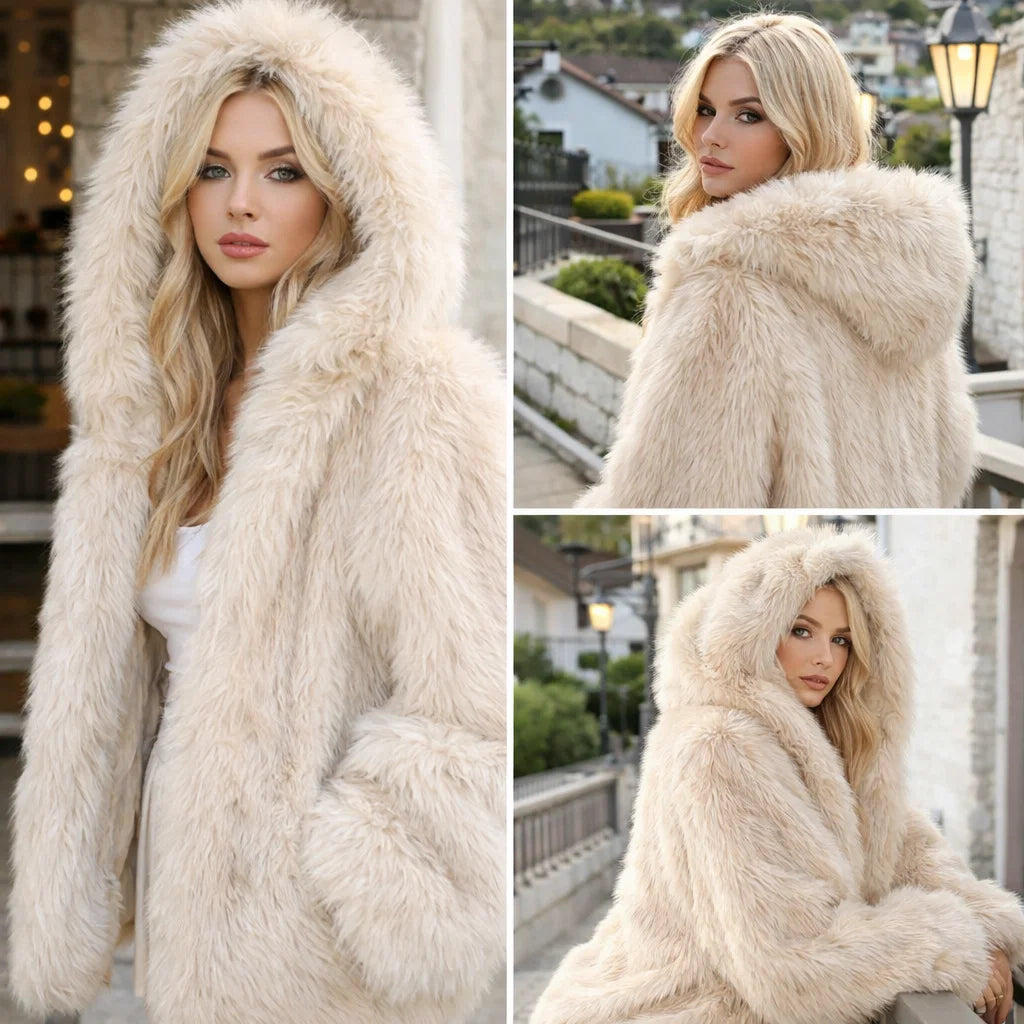 Veste ample décontractée à capuche en fausse fourrure chaude