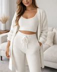 Women’s Knitted Plush Pants Suit 4 piece  Set – Soft Cotton Blend Long Sleeve Casual Lounge Set with Trousers