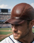 Men’s First-Layer Cowhide Leather Baseball Cap – Adjustable Dome Design with Flat Brim